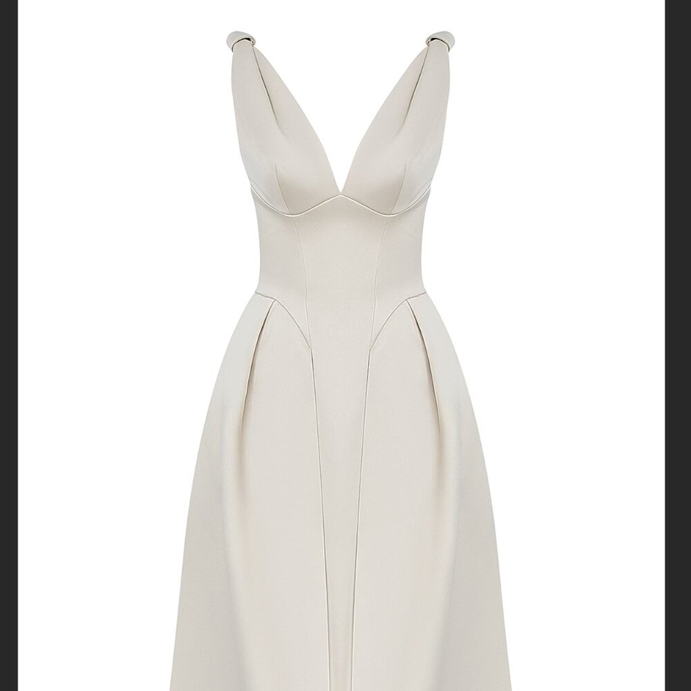 NWT HOUSE OF CB Paloma vintage cream satin pleated midi dress - Picture 10 of 15